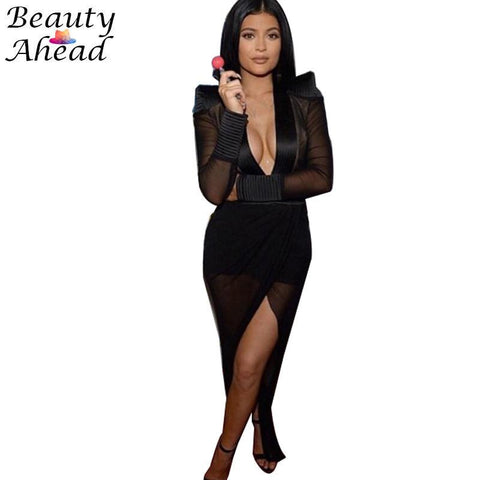 Kylie Jenner dress New Fashion Deep v-neck long sleeve perspective elegant maxi dresses plus size irregular hem woman club dress - Girl Stylo