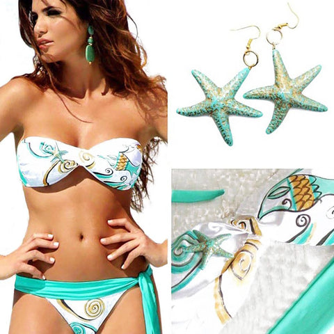 Women Trendy Push Up Lace-up Bra+Low Elastic Waist Side Tiedown Briefs Starfish Print Patchwork Bikini Set Swimsuit - Girl Stylo