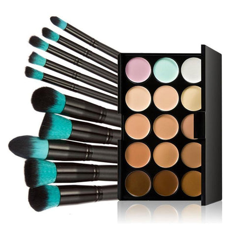 Sanwony New 10pcs Foundation Brush Makeup Brushes Professional Makeup Brush Set+15 Colors Concealer - Girl Stylo