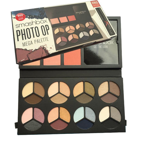 Smashbox PHOTO OP Mega Palette Set: 8 Photo Op Eye Shadow Trios + 3 Blushes + Get the Look Pamphlet + Full Exposure Mascara - Girl Stylo