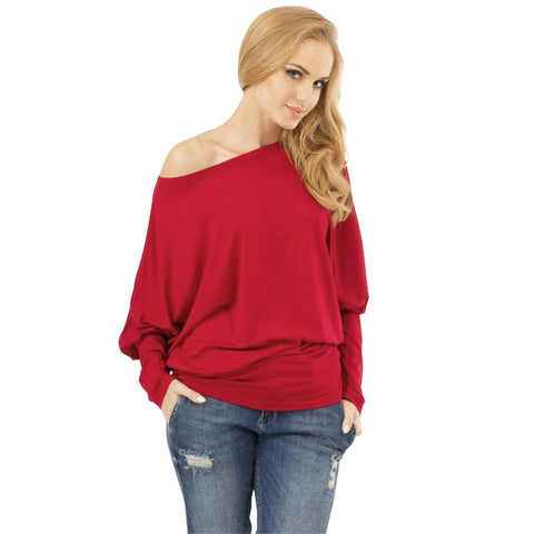 New Brand Cotton Long Batwing Sleeve Round Neck One Shoulder Causal winter T-shirt - Girl Stylo