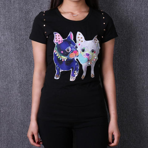 Winter and Spring women cotton printed cartoon rhinestone Tshirt - Girl Stylo