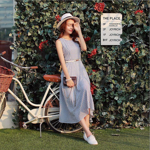 Women Winter Clothing Women's O-Neck Sleeveless Fashion Dress Plaid Casual Loose Mid-Calf Chiffon Elegant Dress - Girl Stylo