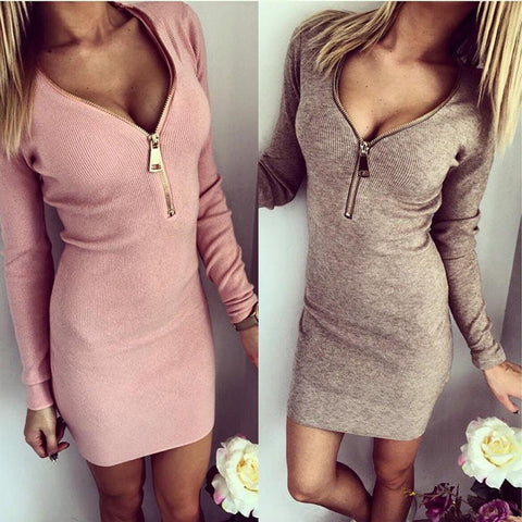 Big Sale Women Autumn Fashion Sexy Long Sleeve V-neck Front Zipper Knee-Length Pink Brown Bodycon Keep Warm Casual Dress S-XL - Girl Stylo