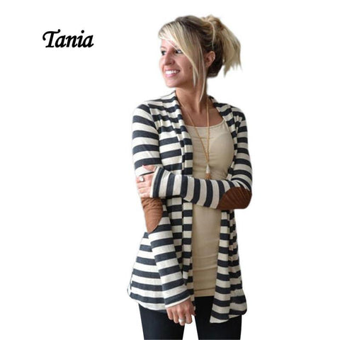 TANIA New Fashion 2016 Autumn Women Grey & White Striped Cardigan Patching Pu Leather Long Sleeve Casual Knitted Sweater Tops - Girl Stylo